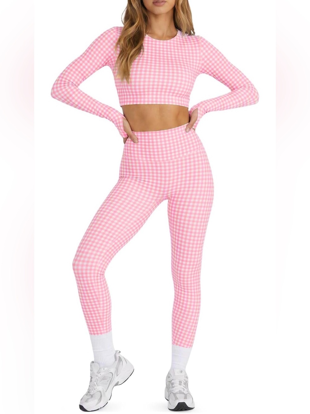 Women’s Two Piece Plaid Pink & White Gingham Crop Top & High-Waist Leggings Set